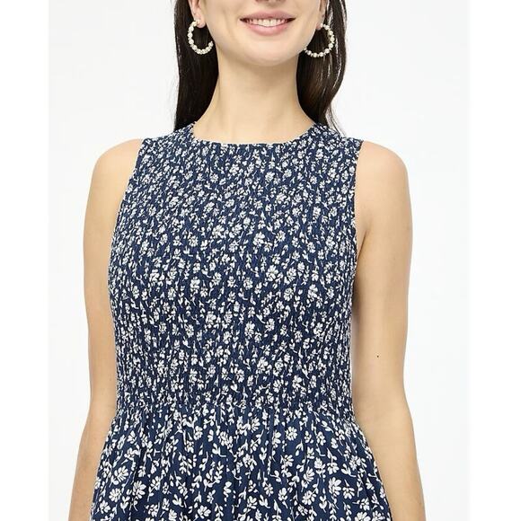 J. CREW 2024 Navy Floral Smocked Bodice Sleeveless Midi Dress - Picture 3 of 16
